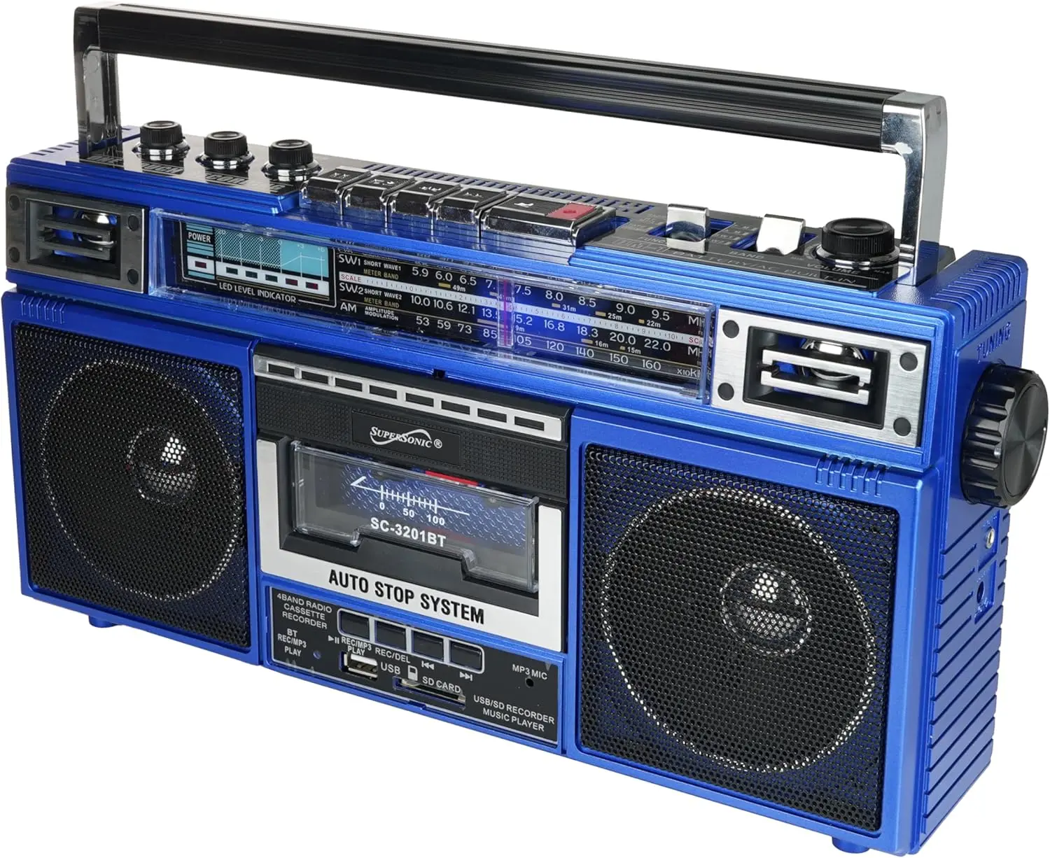 Supersonic SC-3201BT Portable Retro 4-Band Radio & Cassette Player Boombox with Bluetooth Audio, USB Port, MicroSD Slot, 3.5 mm Jack, Blue Auto-Stop System, Digital Handheld Recorder