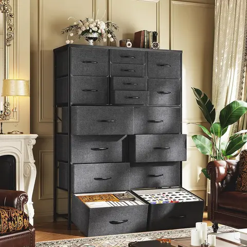Raybee Furniture 16 Drawer Dresser for Bedroom, Chest of Drawers with Fabric Bins, Sturdy Metal Frame, Wood Tabletop Storage Organizer for Guest Room, Closet, Entryway