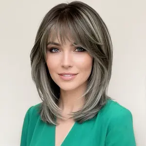 Faith C-DWY New Technology! Bionic Silk Top 14-Inch  Smoky Silver Blonde Glueless Synthetic Wig with Bangs for Women High-Quality Premium Fiber Easy Wear Comfortable Fit