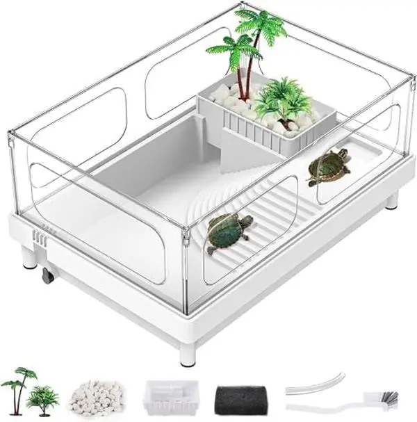 Small Turtle Tank, Aquarium, Acrylic Terrarium with Basking Platform, Bottom Drainage, Multi-Function Areas for Turtles, Crabs, Crayfish, Reptiles.
