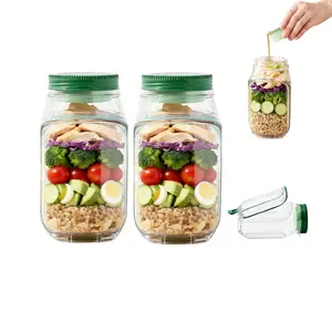 【2-pack】Salad Pod Mason Jar Side Open, Salad Jar with Side Opening for Lunch, Portable Salads Dressing Container with Lid for Travel Leakproof Dressing Compartment