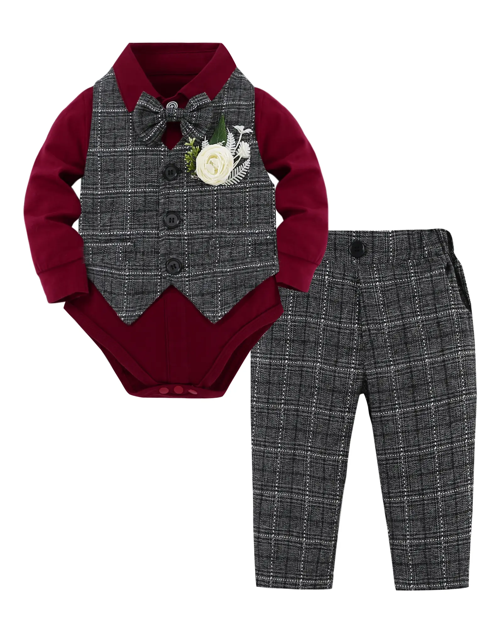 Baby Boys' 5-Piece Gentleman Formal Suit Set - Polyester Blend Plaid Vest, Pants, Long Sleeve Button Romper, Removable Bow Tie - Baptism, Wedding Baby Clothing Set (0-18M), Elastane, Basic, Birthday Parties, Holiday Celebrations, Plaid Look, Soft Fabric,,