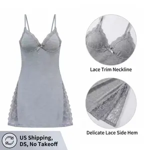 Luxury Lace Trim Chemise Nightgown for Women, Sexy V-Neck Spaghetti Strap Sleep Dress with Bow Accent, Soft Breathable Fabric, Elegant Side Slit Lingerie, Perfect for Loungewear, Bedtime & Romantic Occasions, Ideal Gift for Her