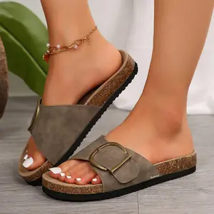 Women's Buckle Slide Sandals Non-Slip Cork Footbed Flat Slippers for Summer