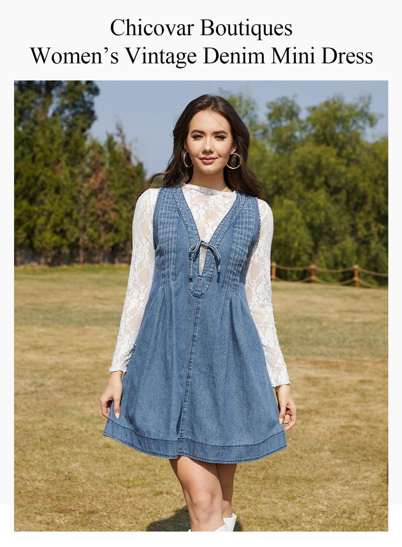 Chicovar Women's Oversized Vintage Denim Mini Dress, Sleeveless V-Neck Tie Front Ruffle Layered A-Line Tunic with Pockets & Front Pleats, Casual Outfit