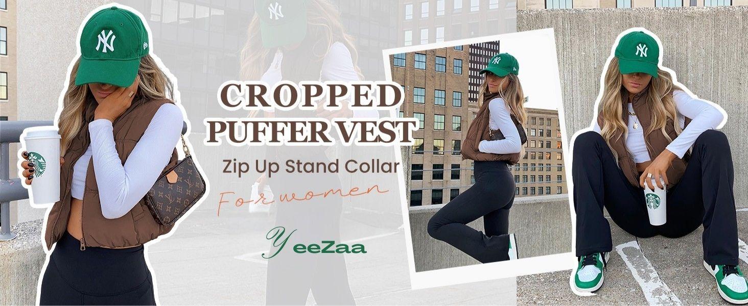 YeeZaa Women's Cropped Puffer Vest Zip Up Stand Collar 2025 TikTokShopHolidayHaul Christmas Sleeveless Padded Outerwear with Pockets Black Brown Green Tops