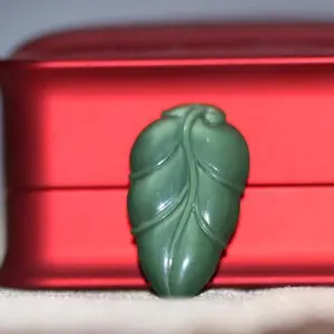 Natural Russian Green Jade Leaf Pendant 29.7x17.2x4.7mm 4.1g Gold Accent Genuine Gemstone Jewelry Hand Carved with Lifelike Veins CMA Certified