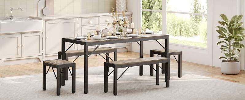 Gizoon Dining Room Table Set for 2/4/6, Kitchen Table with 2/4 Benches and 2/4 Stools, Dining Table Set with Metal Frame, Space-Saving Kitchen Table Set for Apartment, Grey