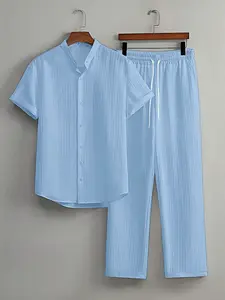 Men's Solid Top & Pants Two-Piece Set, Regular Fit Casual Comfy Shortsleeve Top & Trousers for Daily Wear, Men's Two-piece for All Seasons