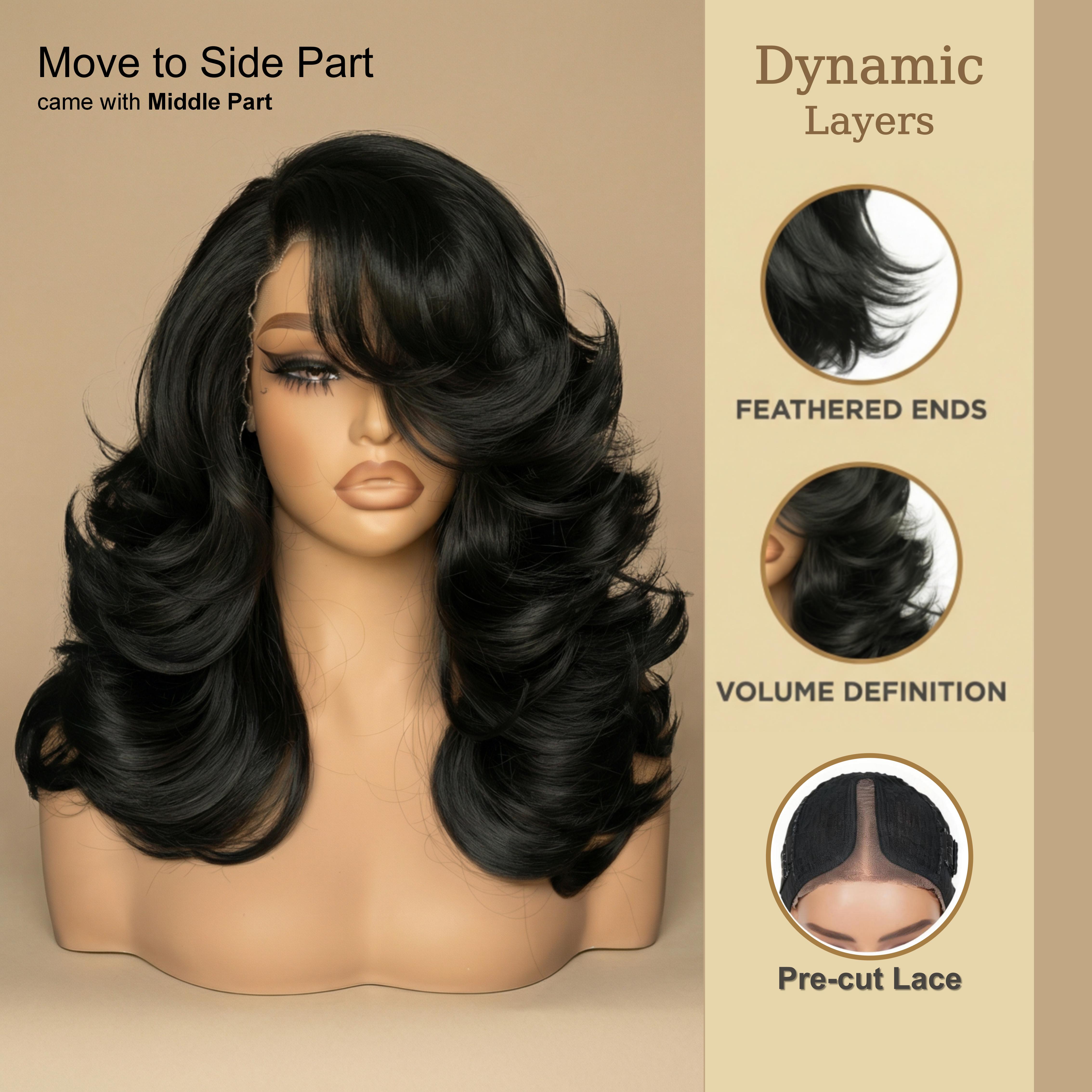 [Detroit Layers] Beginher Hair Extra Full & Voluminous 20 inches Middle Part Heat Resistance Fiber 250% Density Big-Head Friendly Kash Doll Curl Farrah Fawcett Layers 4x4x1 T-Part Lace Synthetic Pre-Cut Glueless Wigs Natural Black Color