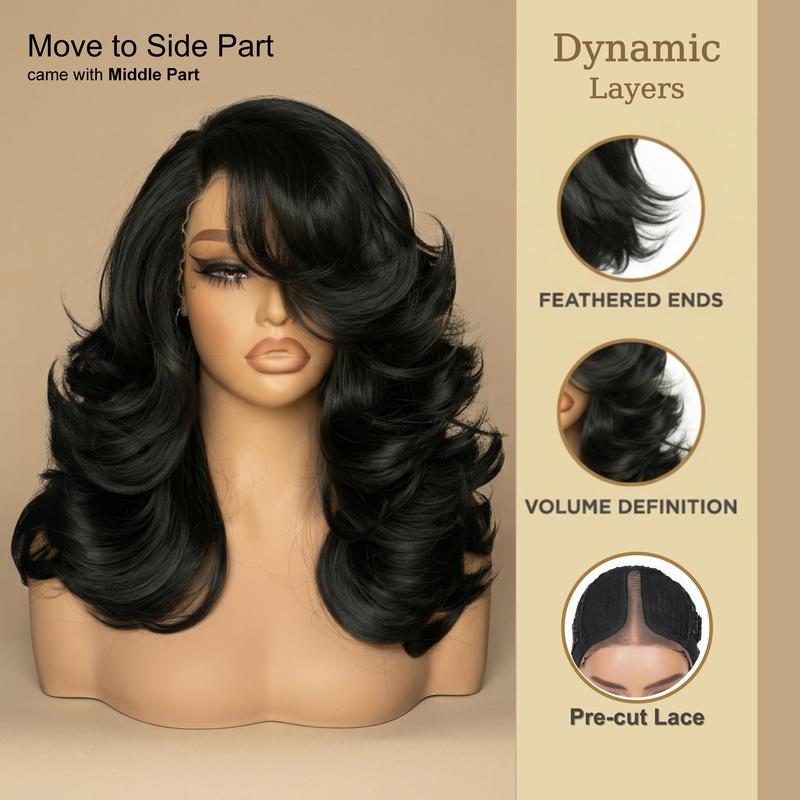 [Detroit Layers] Beginher Hair Extra Full & Voluminous 20 inches Middle Part Heat Resistance Fiber 250% Density Big-Head Friendly Kash Doll Curl Farrah Fawcett Layers 4x4x1 T-Part Lace Synthetic Pre-Cut Glueless Wigs Natural Black Color