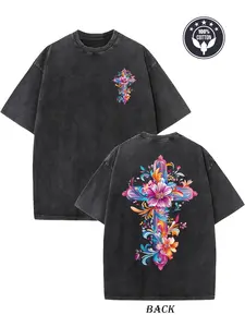 Men'S Heavyweight 230G Pure Vintage Washed T-Shirt Featuring Double-Sided Easter Cross And Floral Prints, Loose Fit Hip-Hop Streetwear, Round Neck Short Sleeve Casual Top.
