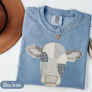 Comfort Colors Highland Cow PRINTED T-shirt Quilted Farm Animal Head Tee Gingham Floral Rustic Cow Lover Cottagecore Farmhouse Gift
