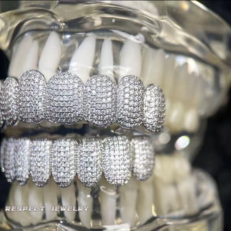 Diamond Grillz unisex 8-Tooth Micro-Paved Zircon Full Coverage Iced Out Luxury Statement Hip Hop Party Nightclub Performance