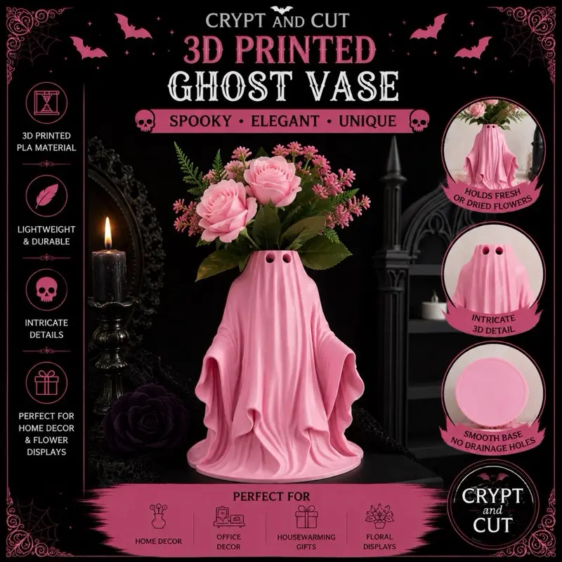 3D Printed Black Ghost Vase | Gothic Flower Vase | Spooky Home Decor | Halloween Decor