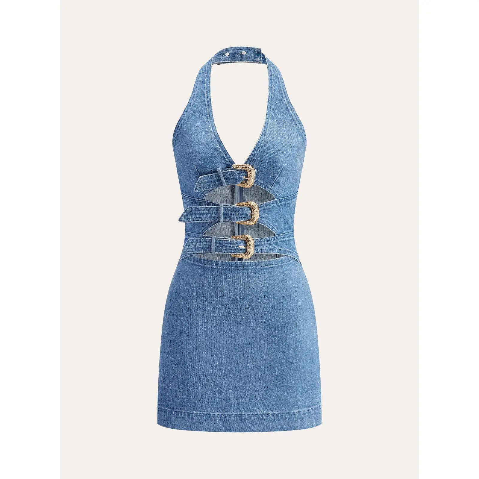 Women's Casual Denim Dress, Halter Neck Design with Buckle Detail, Women's Clothes