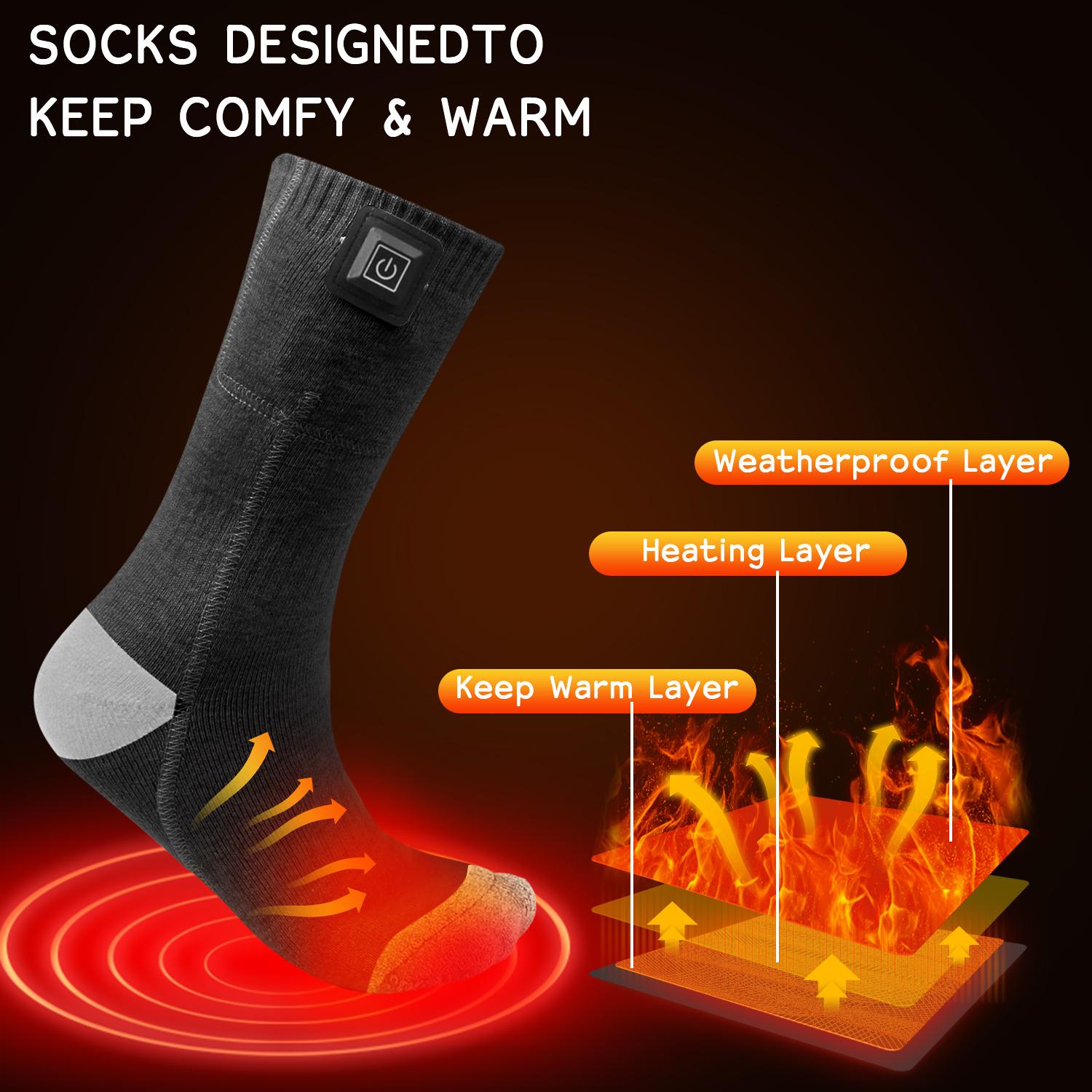 1 Pair Rechargeable Thermal Heated Socks with 3 Heat Settings, 2pcs 4000mAh Batteries, Soft Nylon, Washable for Winter Camping, Skiing, Hiking