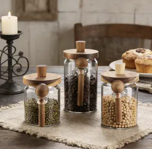 Three packs     Airtight Glass Coffee Canister with Wooden Lid Keeps Beans Fresh Glass Construction for Visibility and Airtight Des  A set of three
