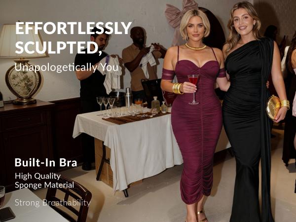 CurvySweet SDK0574A Women's Elegant Off-Shoulder Bodycon Dress with Built-In Bra Support, Cross-Back Strap & Split Hem, Ruched Mesh Midi Slim Dress for Christmas Party & Formal Cocktail Events
