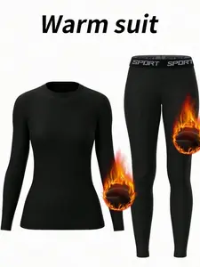 Women's Fleece Thermal Underwear Set Black Graphic Fire Print Slim Fit High-Stretch Knitted Base Layer Warm Skin-Tight Pants For Skiing Yoga Outdoor Activities