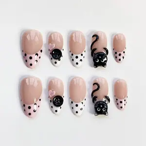 3D Black Cat Press On Nails, Pink Polka Dot Nails, Heart Button Nail