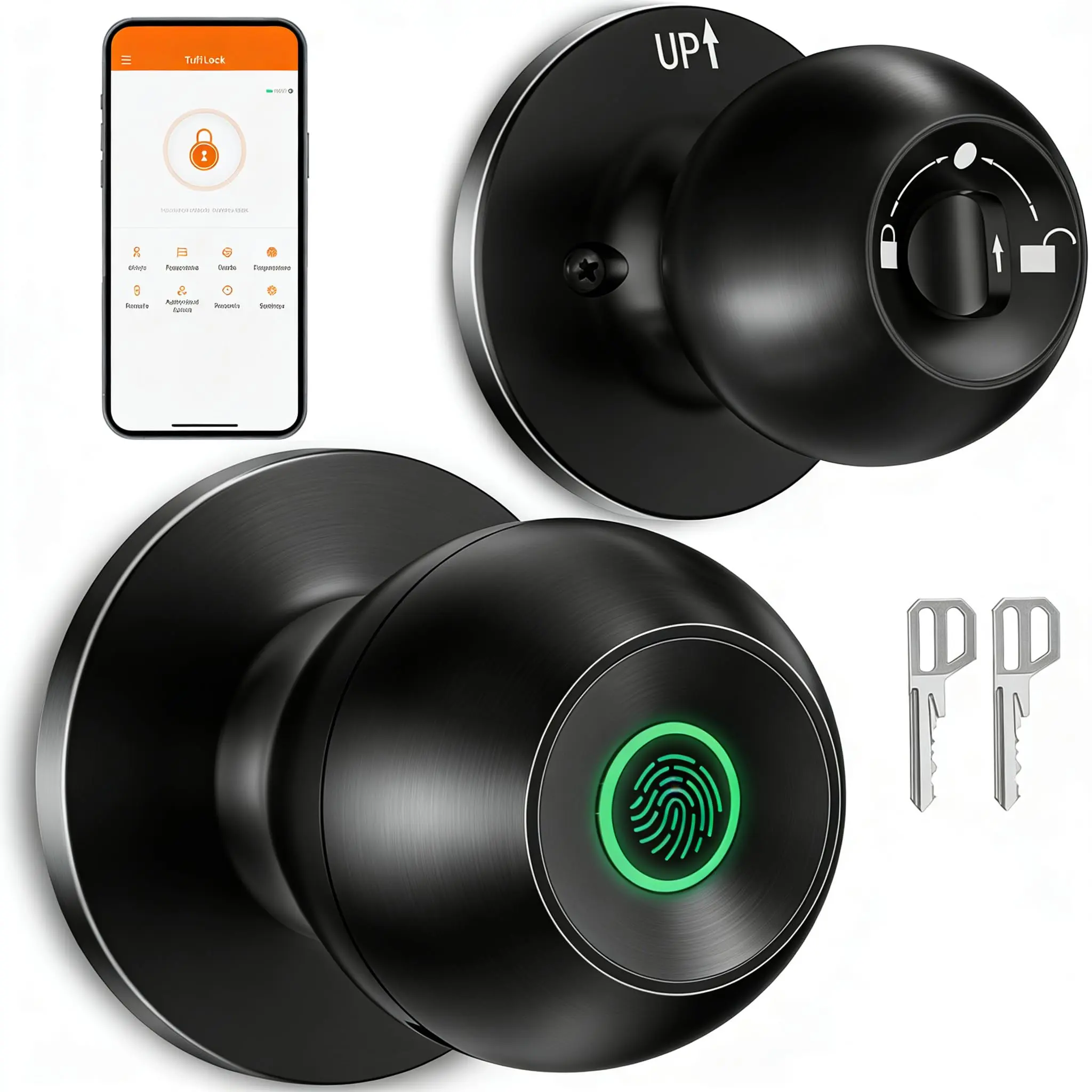 [Deals for You Days] Smart Door Knob, Fingerprint Door Knob, Biometric Smart Door Lock with App Control, Metal Alloy Door Knobs, Easy Installation, Great for Bedrooms, Cloakroom, Apartments Offices, Hotel(Black),FathersDayGift