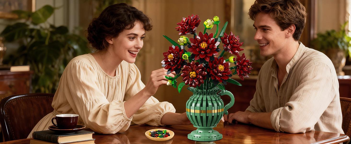 Black Dahlia Flowers Bonsai Building Set, Botanical Collection