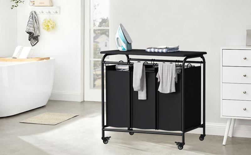3 Bags Laundry Sorting Basket with Ironing Board and Detachable Waterproof Bag, Heavy-duty Rolling Lockable Wheel Laundry Cart Deals For You Days