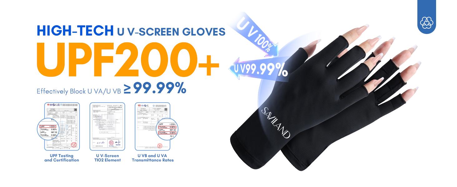 SAVILAND UV Gloves for Nails: Professional UPF200+ Fingerless Gloves Protect Hands UVA & UVB while Doing Gel Manicures Preventing UV Harm (Black)
