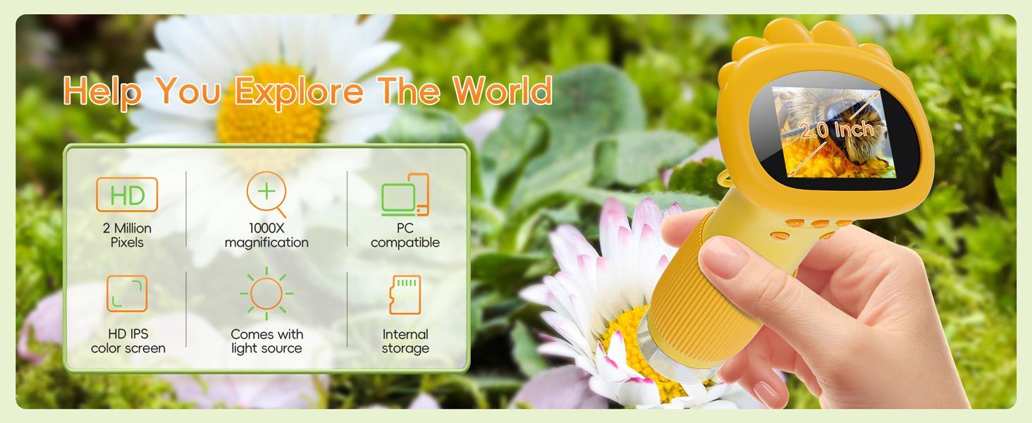 INSKAM 2'' Kids Microscope 1000X Handheld Digital Microscope HD Pocket Portable Mini USB Camera for PC STEM Learning Tools Fun Birthday Gift for Kids