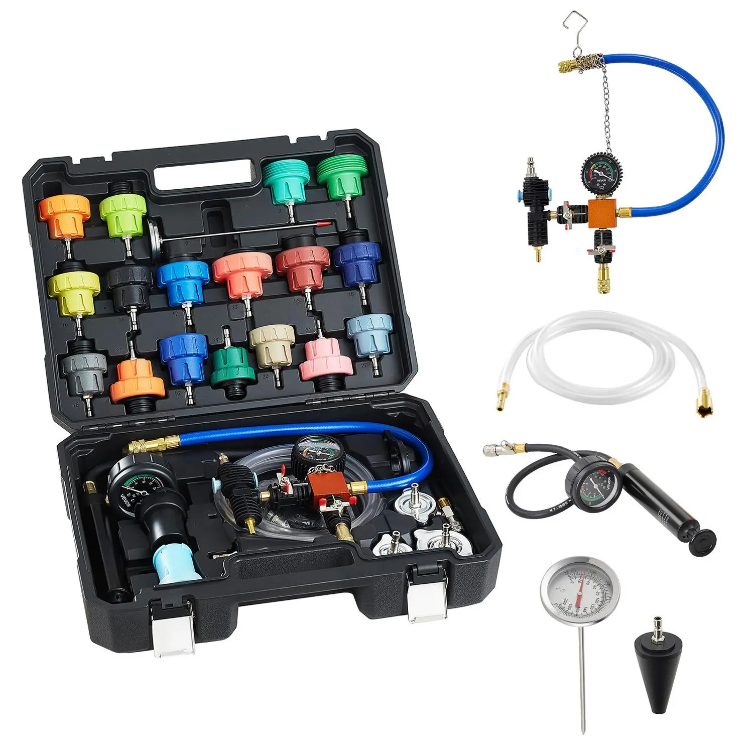 【summerfinds】VEVOR Coolant Pressure Tester Kit, 47Pcs Radiator Vacuum Refill Kit with 3 Metal Adapters, Universal Fit, Automotive Cooling System Pressure Tester Tool, with Pressures Pump & Aluminum-Plastic Filler