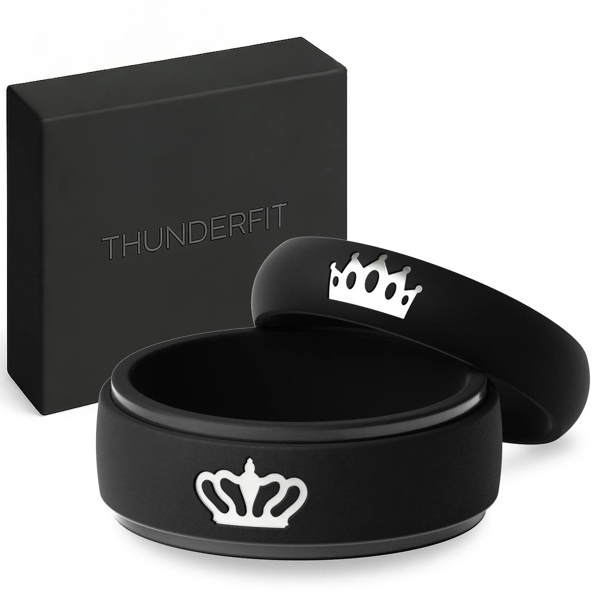 ThunderFit Silicone Rings for Him and Her, Wedding Bands for Couples with Crown and King/Queen Engraving, 2-Pack Couple's Rubber Engagement Bands with Gift Box