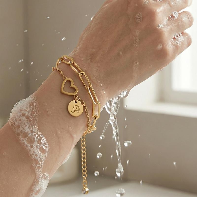 Sanfenly Personalized Initial Stackable Bracelet Set - 14K Gold Plated Stainless Steel A-Z Letter Heart Coin Charm Adjustable Bracelets for Women