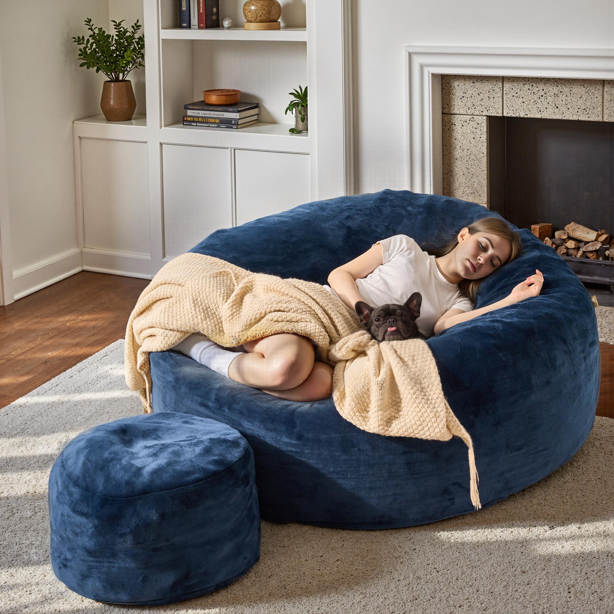 【Stock Up Sale】Ovios 59" W Jumbo Bean Bag Lounger with Ottoman - Oversize Plush Bean Bag Sofas with Super Soft Microsuede Cover- XL Memory Foam Stuffed Lounger Couch for Adults, Kids, Couples, Pets