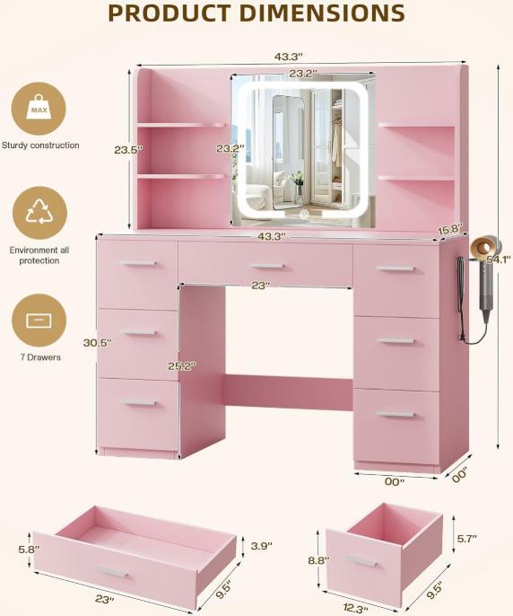 WeCharmer Vanity Desk Set with Square Mirror, 23.62''D x 15.74''W x 53.93''H, Includes 2 Drawers, 3 Storage Shelves & 2 Closed Storage Dividers Furniture Bedroom Modern Table White Organization Aesthetic Design Minimal