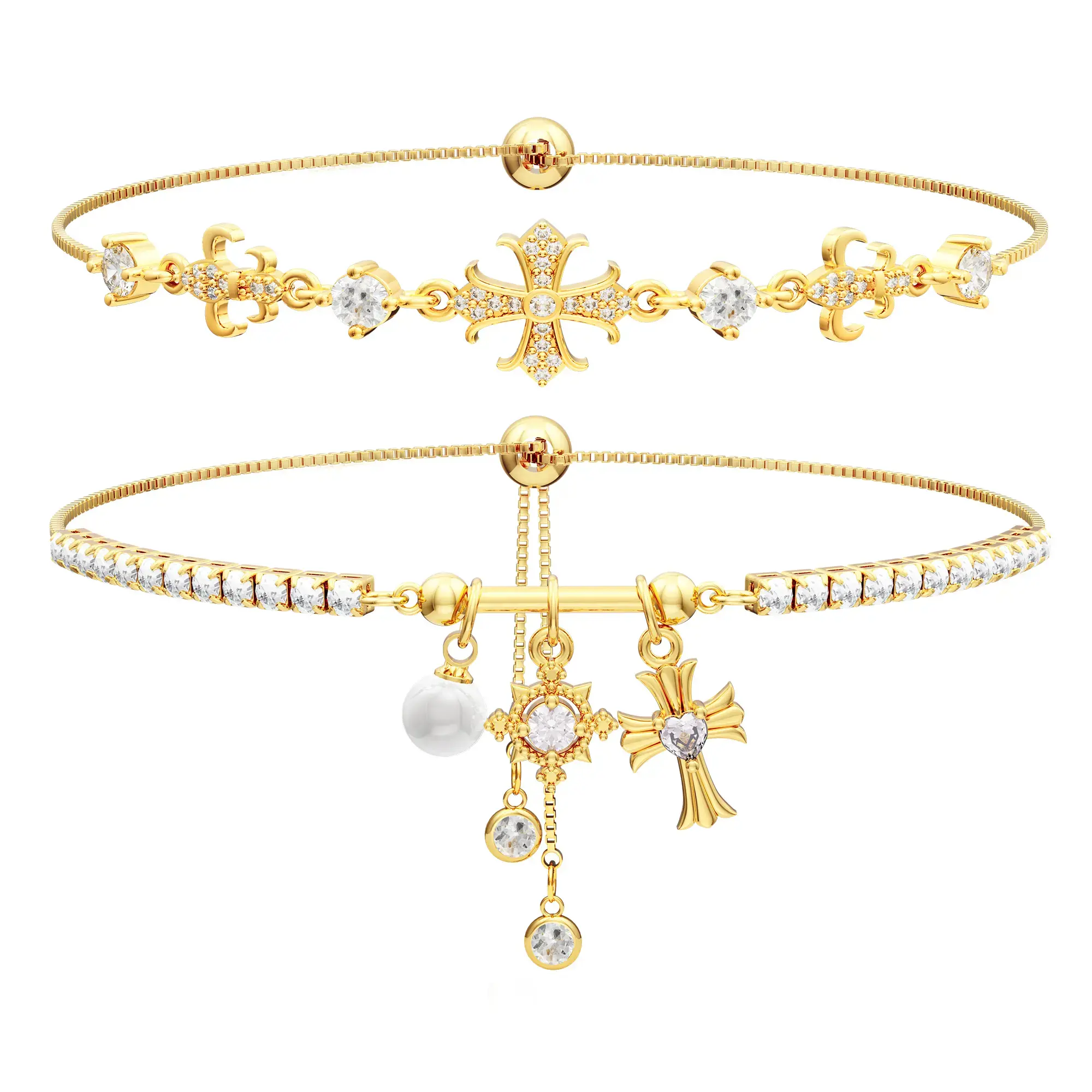 2Pcs/Set, Sparkling Cross Bracelets, Vintage Cross Pendant Bracelet, Cross Stackable Slide-On Adjustable Bracelet Set, Religious Faith Bracelet with Faux Pearl, Elegant Cross Bracelet, Exquisite Women Jewelry with Christian Symbol, Ideal Gift