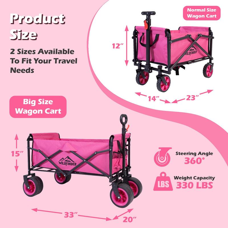 WildFinder Collapsible Folding Heavy Duty Utility Wagon for Outdoor Sports, 330 LBS Weight Capacity, Camping, Garden, and Shopping, 33x20x15 inches, Pink