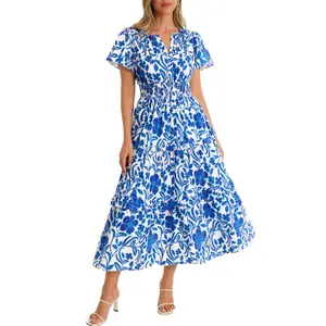 Wenrine Women‘s Summer Short Sleeve Maxi Dresses Casual Floral V Neck Smocked Tiered Flowy Boho Beach Sundress