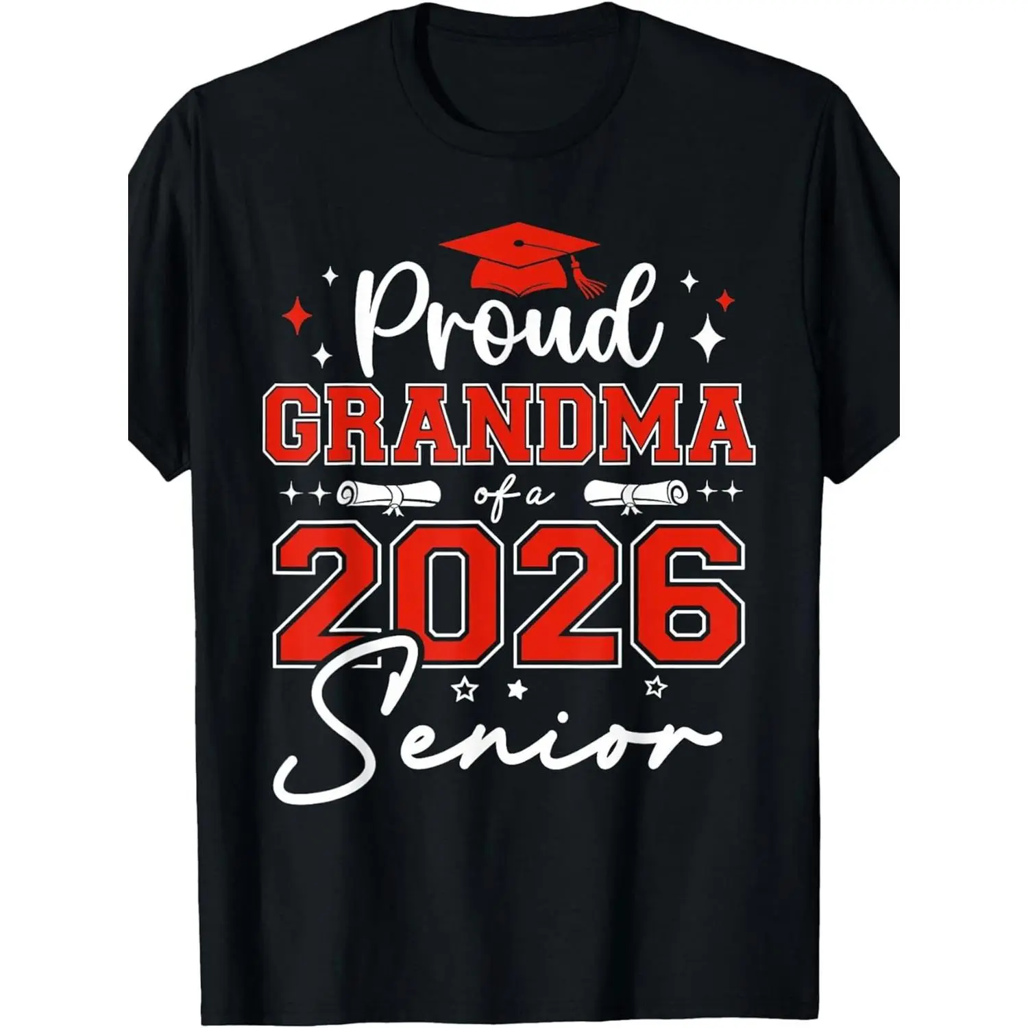 2026 Proud Grandma of a Senior Graduate T-Shirt - Class of 2026 & Diploma Design, Black with Red Lettering, Comfortable 180g Knit Fabric, Plus Size Available, Unisex Adult Casual Round Neck Tee for Graduation Gifts, Birthday & Holiday Celebrat,embroidered