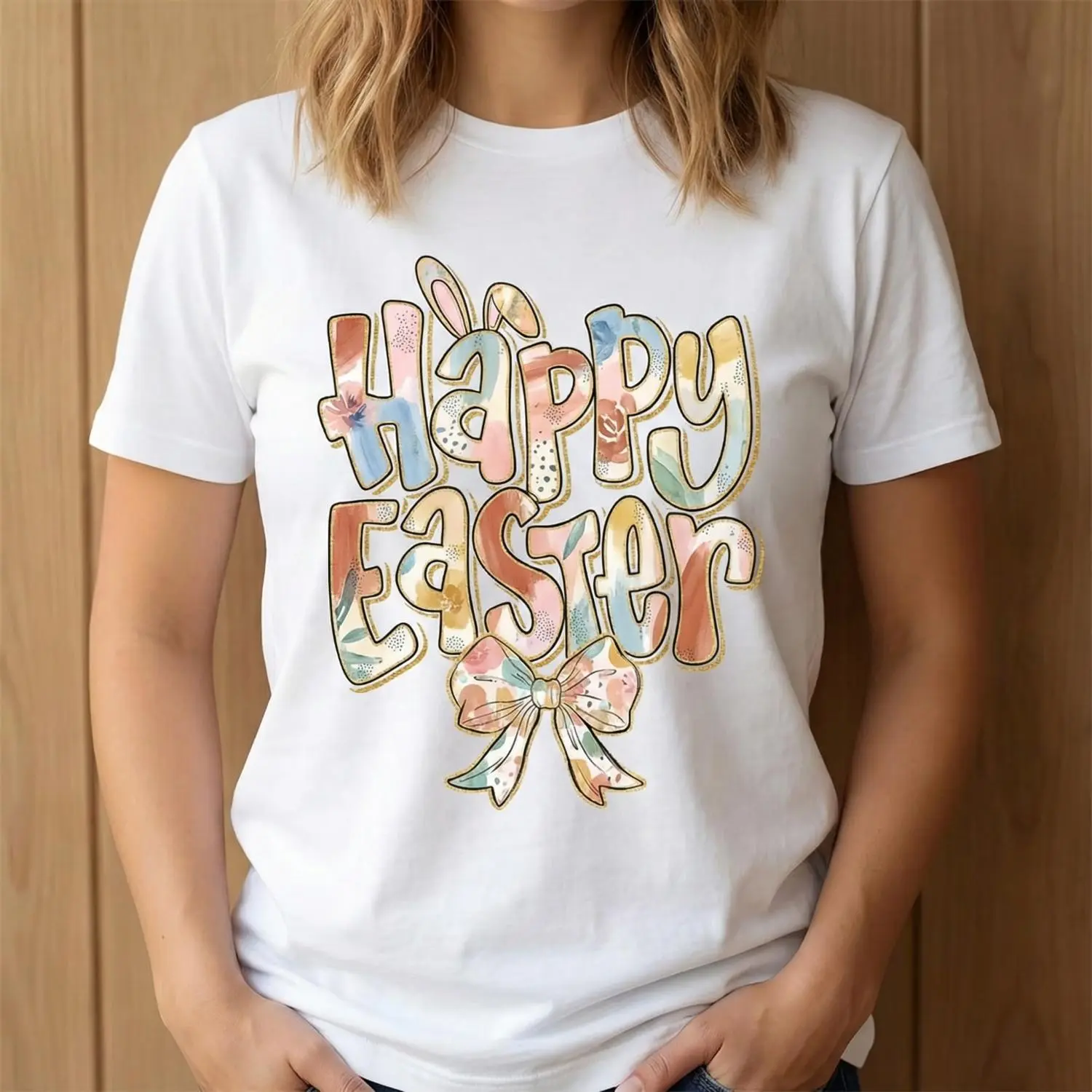 Celebrate Easter with a Vibrant Colorful Bunny and Bow Graphic Tee Featuring 100 Percent Cotton Unisex Casual Short Sleeve T Shirt for All Seasons