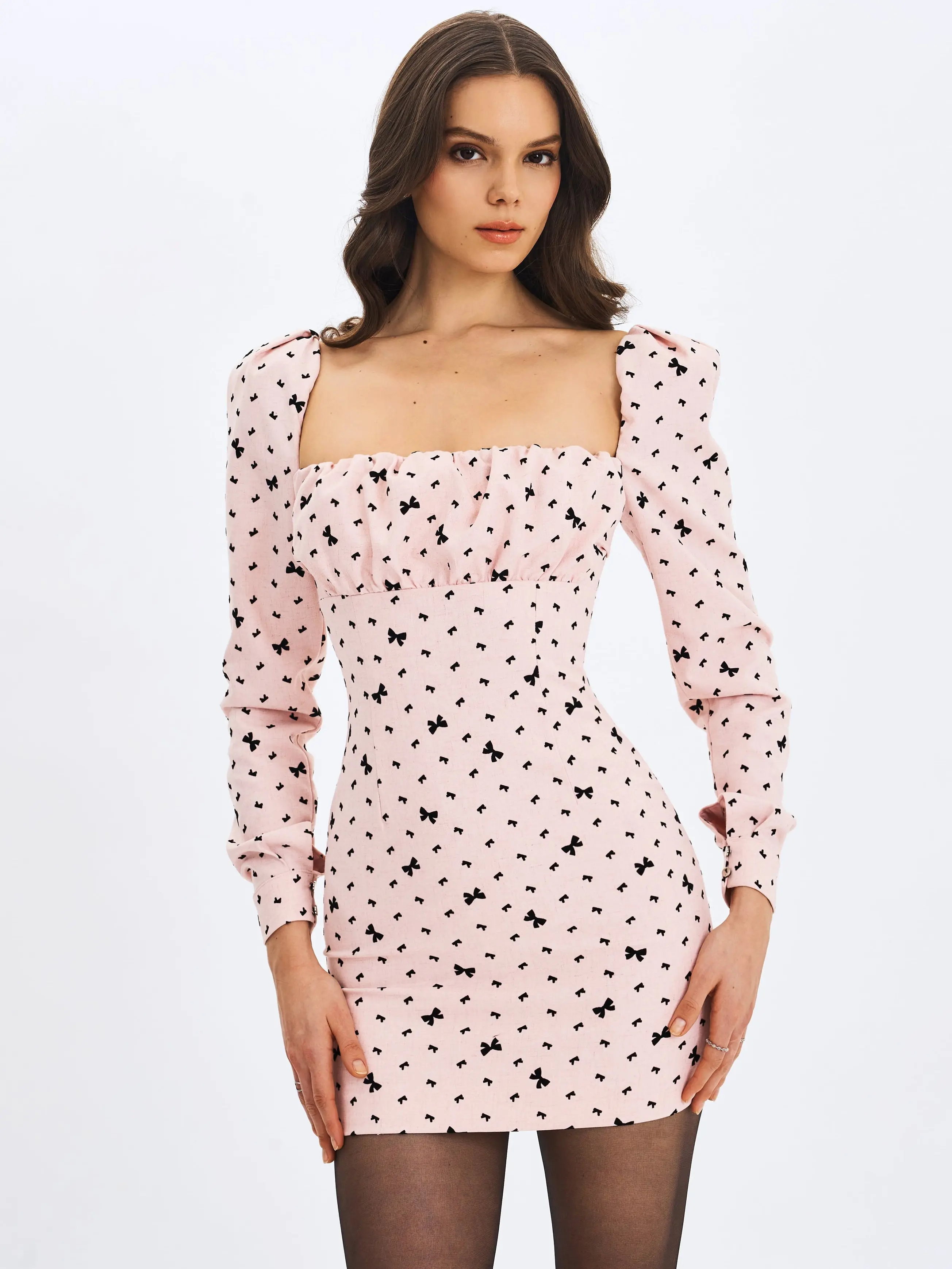 Perla Baby Pink Ruched Bust Velvet-Embossed Bow Mini Dress - TikTok Shop