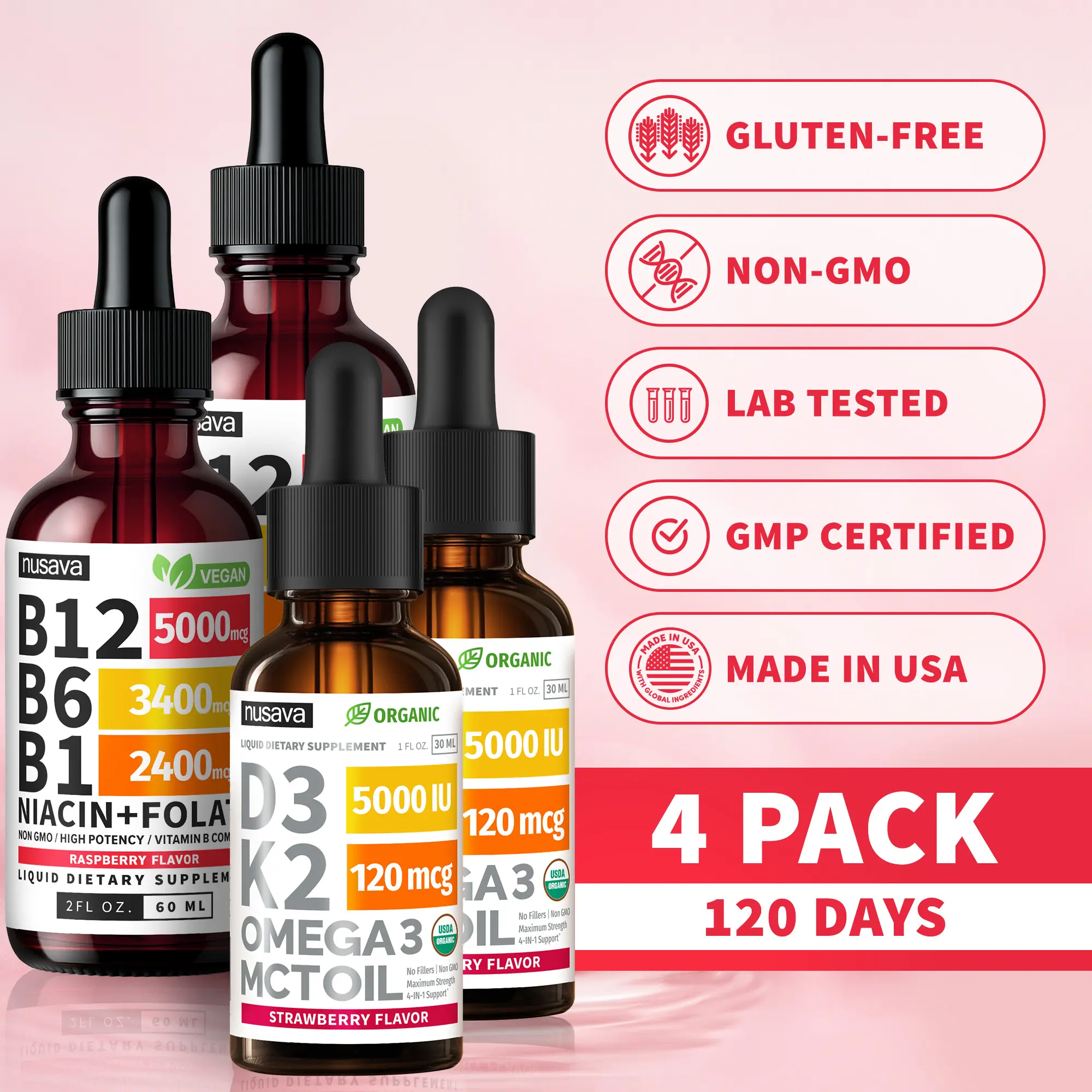 (4-PACK) Wellness Bundle Vitamin B12 & D3K2 Liquid Edible Supplement Drops with B6, B1, Niacin & Folate for Energy, Brain & Heart - Raspberry, & Strawberry 27,200 mcg per Serving, 4 fl Oz