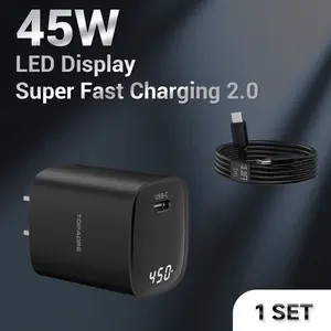 45W USB-C GaN Fast Charger with 3.3ft Charging Cable, LED Display, Type-C PD Fast Charging Adapter, Fast Charger for iPhone 17 Pro/17/16/15 pro max, Samsung Galaxy S25 S24 Ultra, Tablets - Black Set