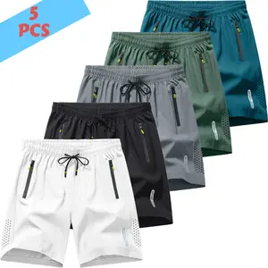 5-Pack Ice Silk Quick Dry Beach Shorts - Hollow Out Breathable Loose 5" Casual Sports Pants Men's Drawstring Shorts streetwear