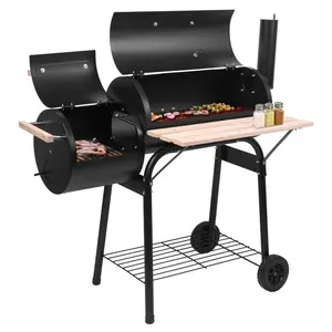 Steel BBQ Charcoal Grill with Offset Smoker, Thermometer, Adjustable Damper, 2 Moveable Wheels, 2 Shelves & Wooden Handles - Backyard Family Gathering, Outdoor Picnic Meat Cooker for Camping & Hiking Kitchen Use