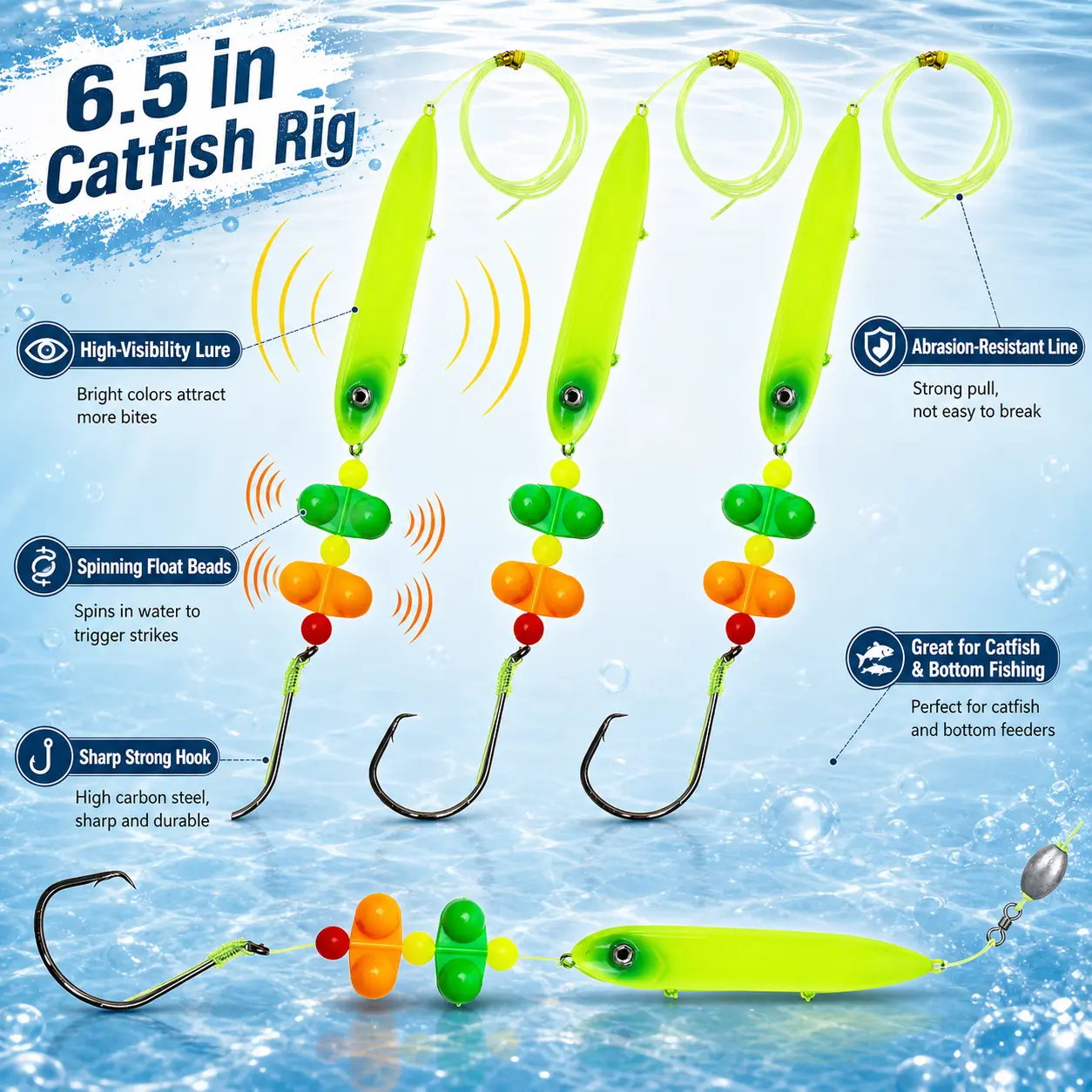 BEASTENERGY 3-Pack Santee Cooper Catfish Float Rigs with Rattles, 5.5 in Peg Floats, Heavy-Duty Catfishing Rigs with Circle Hooks for Big Catfish, Bank Fishing & Commercial Catfish Tackle