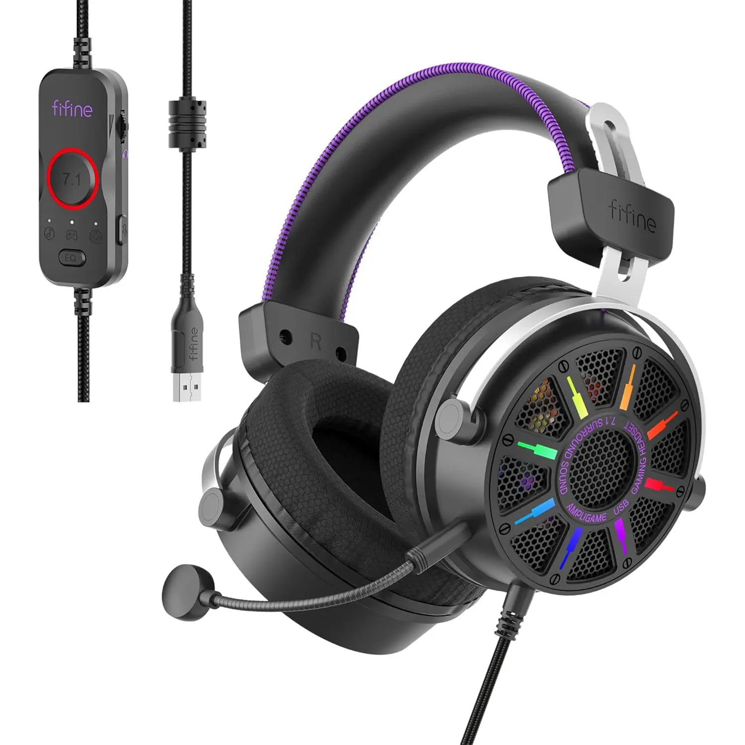 fifine H19 Open-Back USB Gaming Headset - Headphones with 7.1 Virtual Surround Sound, 53mm Dynamic Drivers, Customizable RGB Lighting, Handy Control Box, Detachable Boom Mic for PC, PS5, PS4