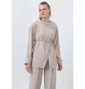 Muslim Women's Asymmetric Button-Detail Tunic & Wide-Leg Pants Set - 20677 Beige