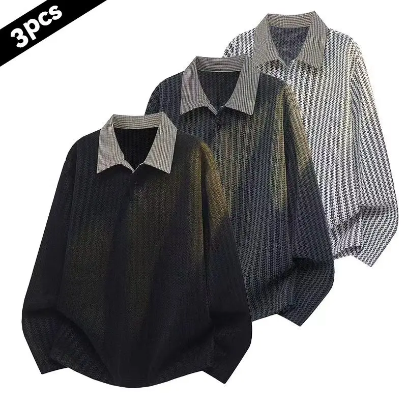 Men's Long Sleeve Knit Polo Shirt Retro Contrast Houndstooth Collar - Textured Casual Button Down Pullover, Loose Fit Business Casual Tops for Daily Wear Breathable Cargo