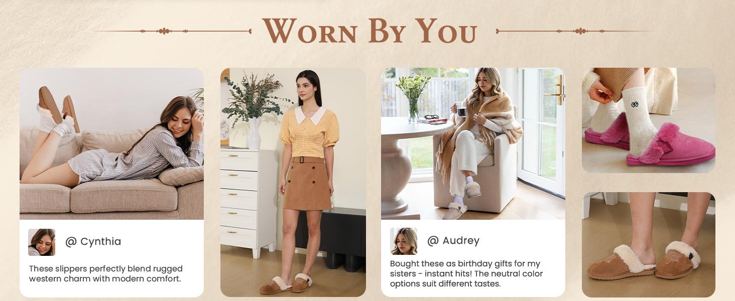 OOW Fuzzy House Slippers for Women with Memory Foam Comfy Bedroom Fluffy Western Cowgirl Boot Slippers Indoor Outdoor Square Toe